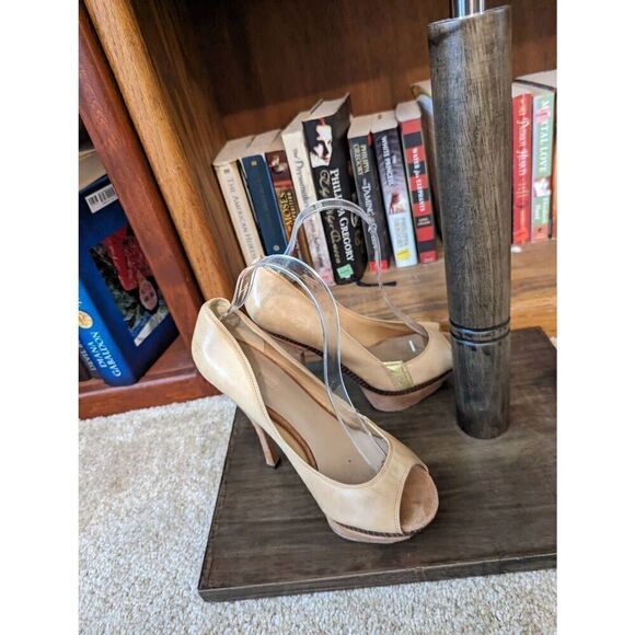 L.A.M.B platform peep toe stilettos sz 7 tan and gold leather euc - Picture 4 of 6